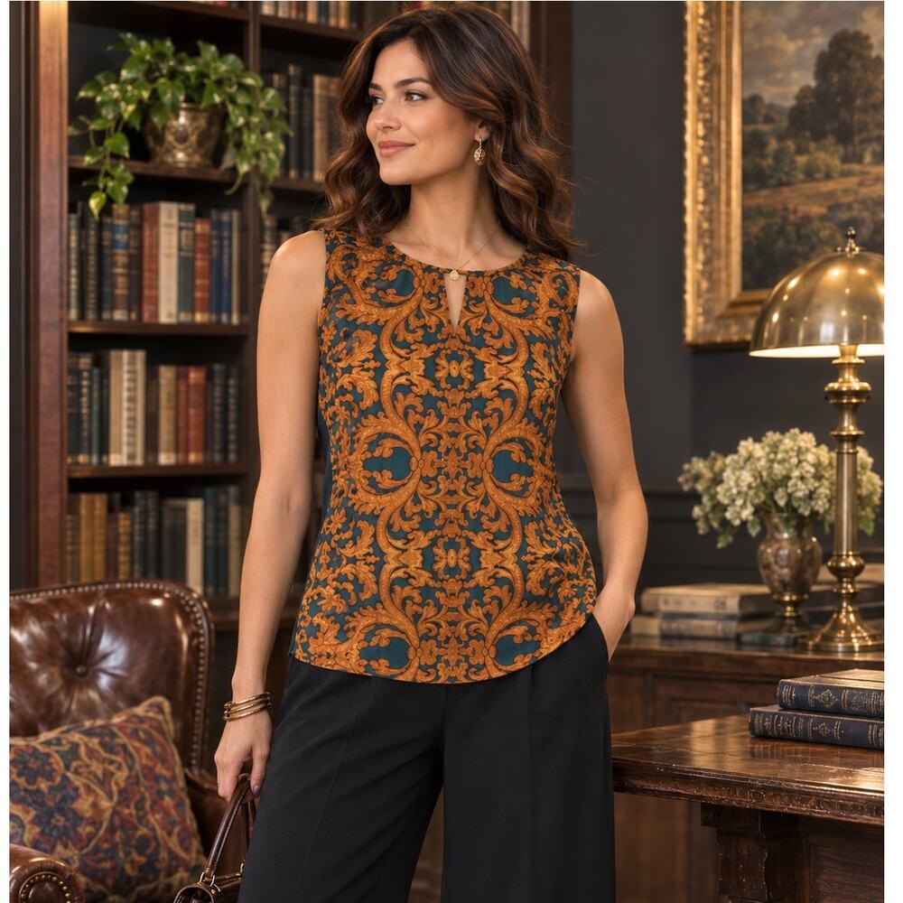 Baroque Damask Mixed Media Top XS Burnt Orange Teal Sleeveless Dark Academia